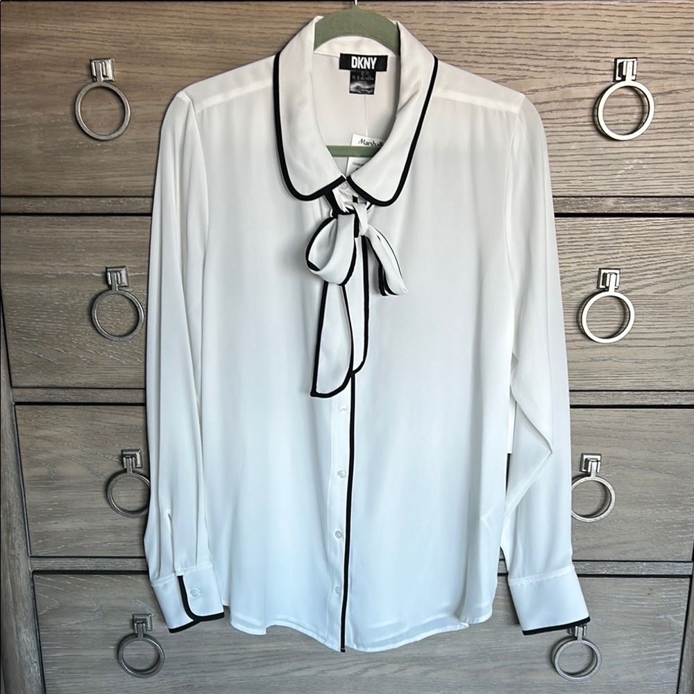 DKNY White Blouse with Black Trim New! XL